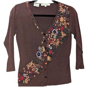 Vintage Y2K Fairy CottageCore 3/4 Sleeve Knit Brown Beaded Cardigan Size Small